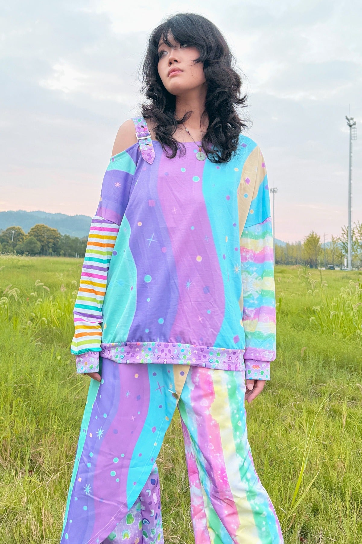 Neon Wave Y2K Off-Shoulder Sweatshirt