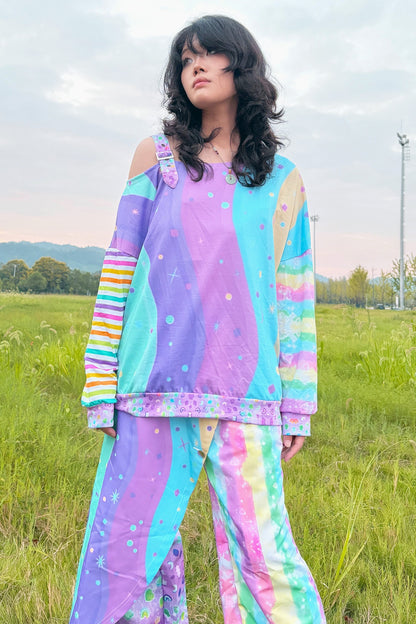 Neon Wave Y2K Off-Shoulder Sweatshirt