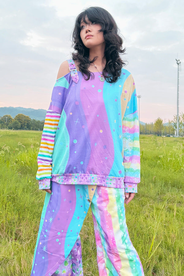 Neon Wave Y2K Off-Shoulder Sweatshirt