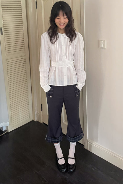 Low-Waisted Plaid Straight-Leg Buttoned Rolled Hem Pants