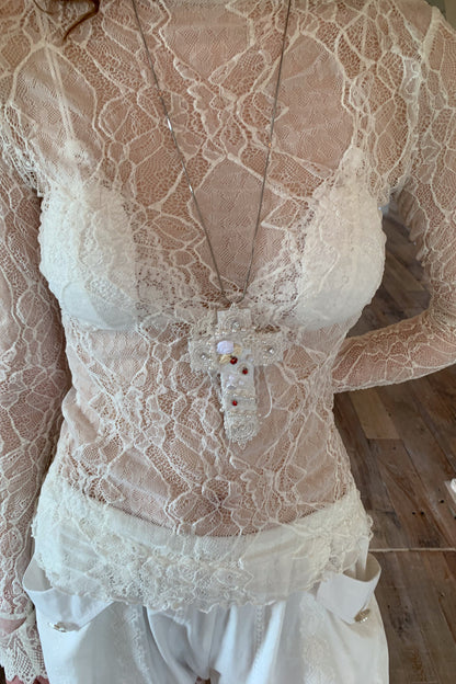 Lace Spliced Beaded Cross Necklace