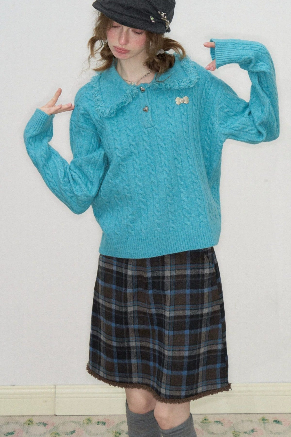Blue Green Velvet Floral Twist Texture Tassel Sweater
