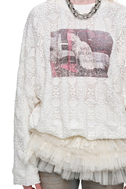 Cat Wanted Print Hollow Lace Pullover