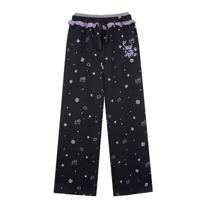 Black Purple Ruffle Print Pants Set-Up