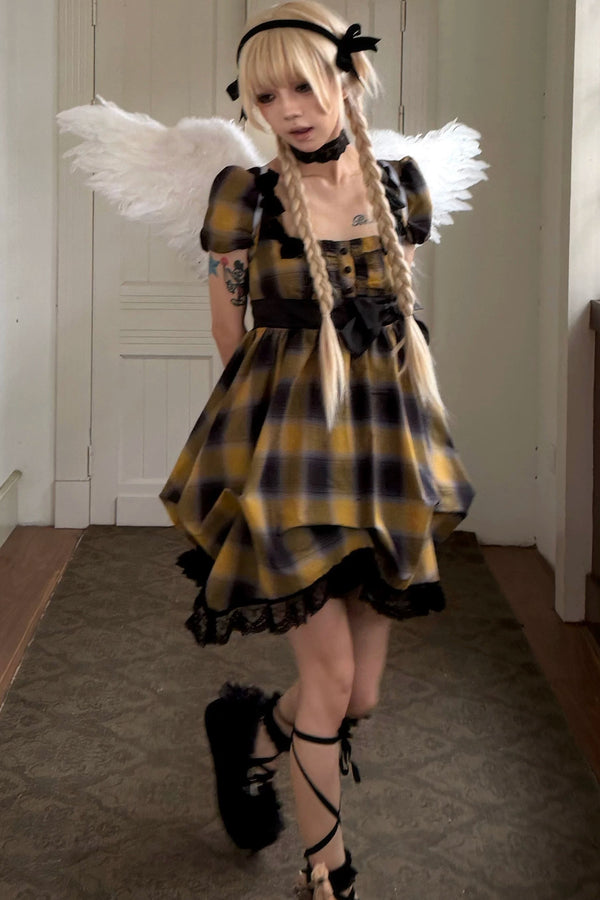 Yellow Plaid Puff Sleeve Dress Set-Up