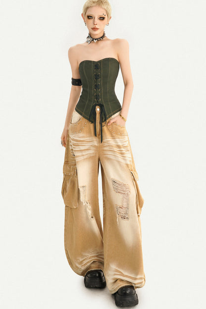 High-Waisted Ripped Workwear Jeans