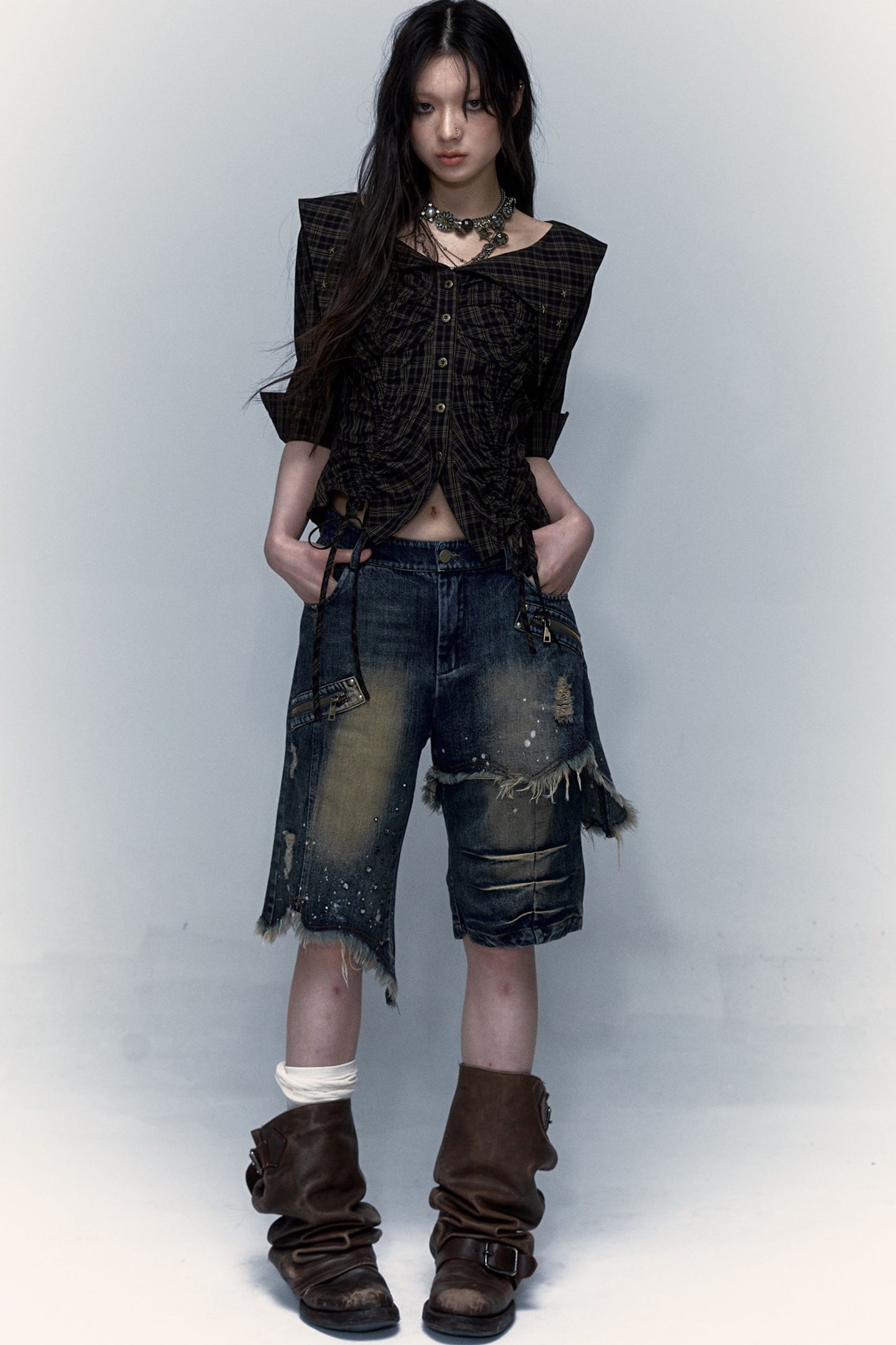 Pantaloncini di jeans effetto vissuto a gamba ampia