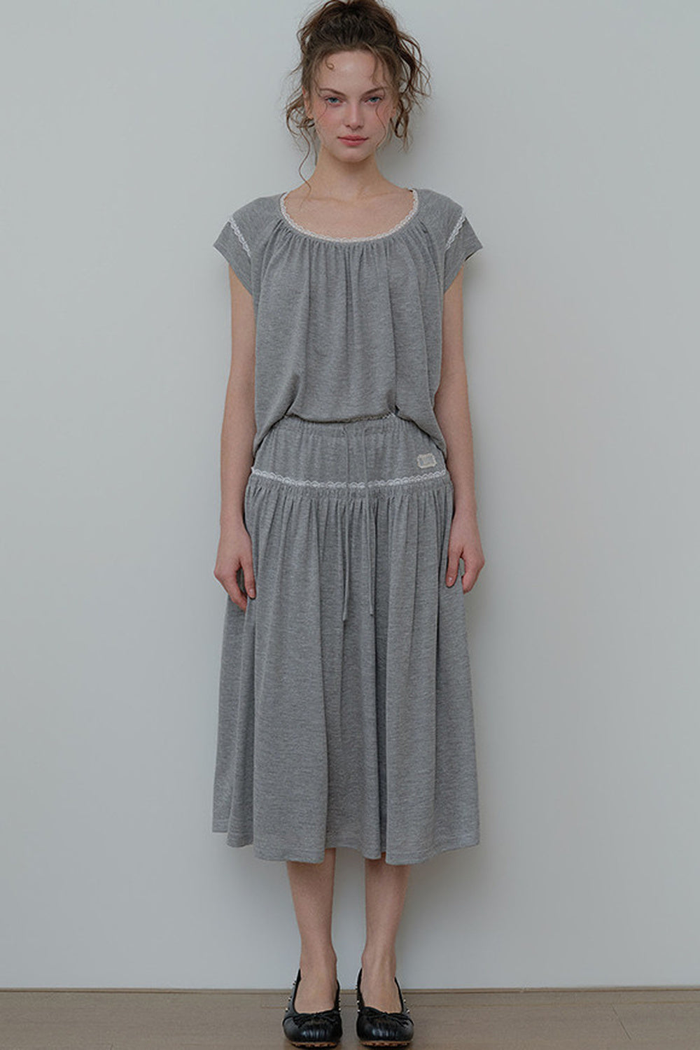 Gray Drawstring Lace Trim Midi Skirt