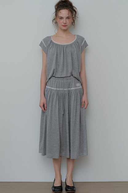 Gray Drawstring Lace Trim Midi Skirt