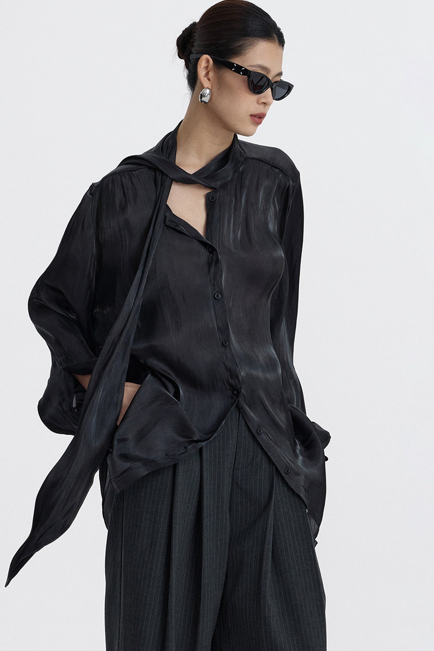 Pleated Tie Neck Shirt