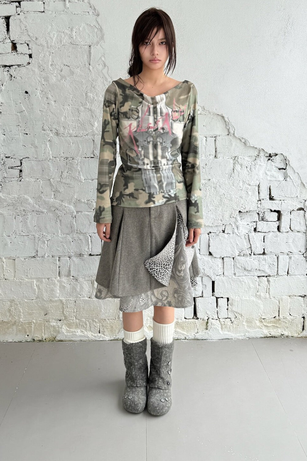 Asymmetrical Ruffled Baroque Leopard Print Wool Skirt