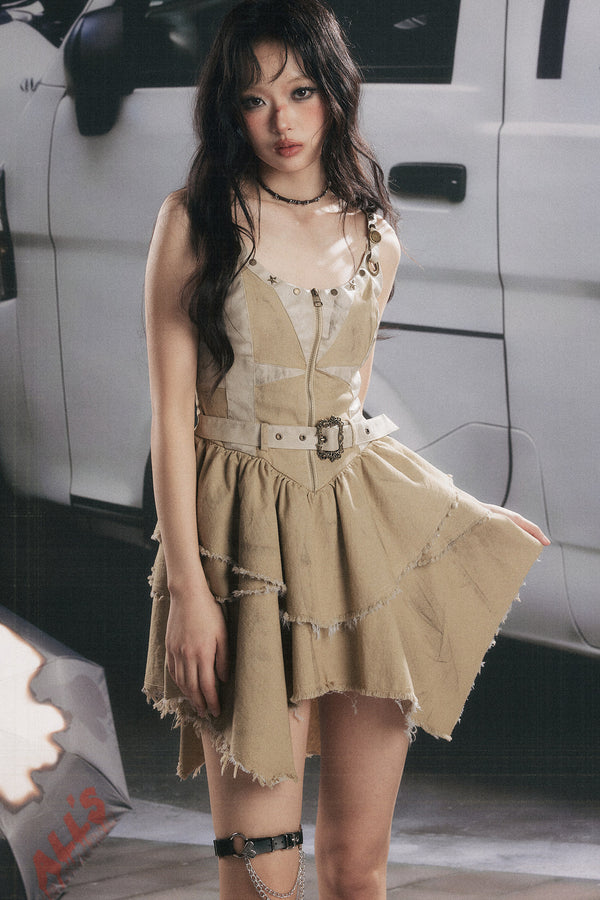 Zipper Belt Spaghetti Strap Dress