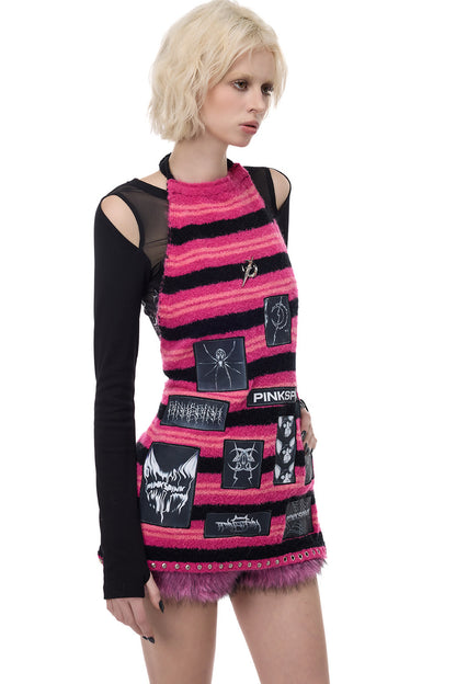 Punk Patchwork Knitted Hooded Sweater Dress