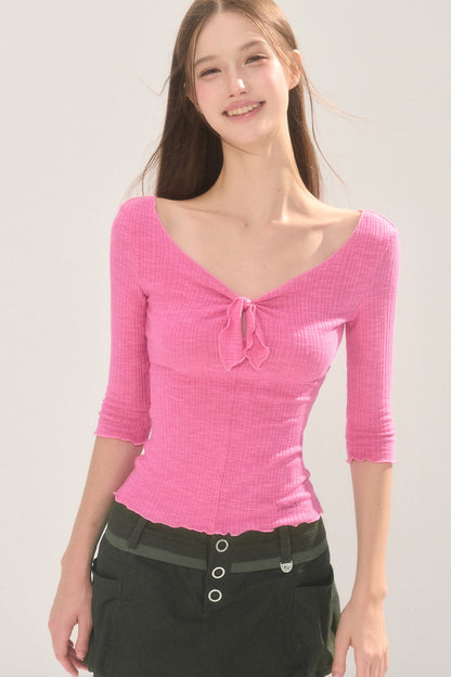 Solid Color Mid-Sleeve Hollow Blouse