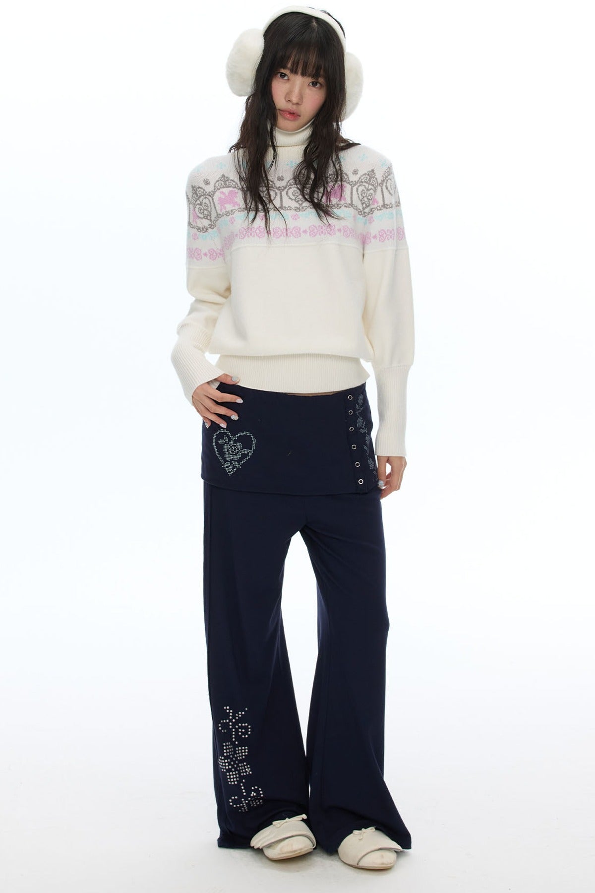 Rhinestone Layered-Look Flared Sweatpants