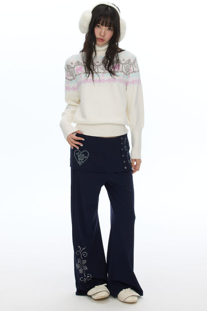 Rhinestone Layered-Look Flared Sweatpants