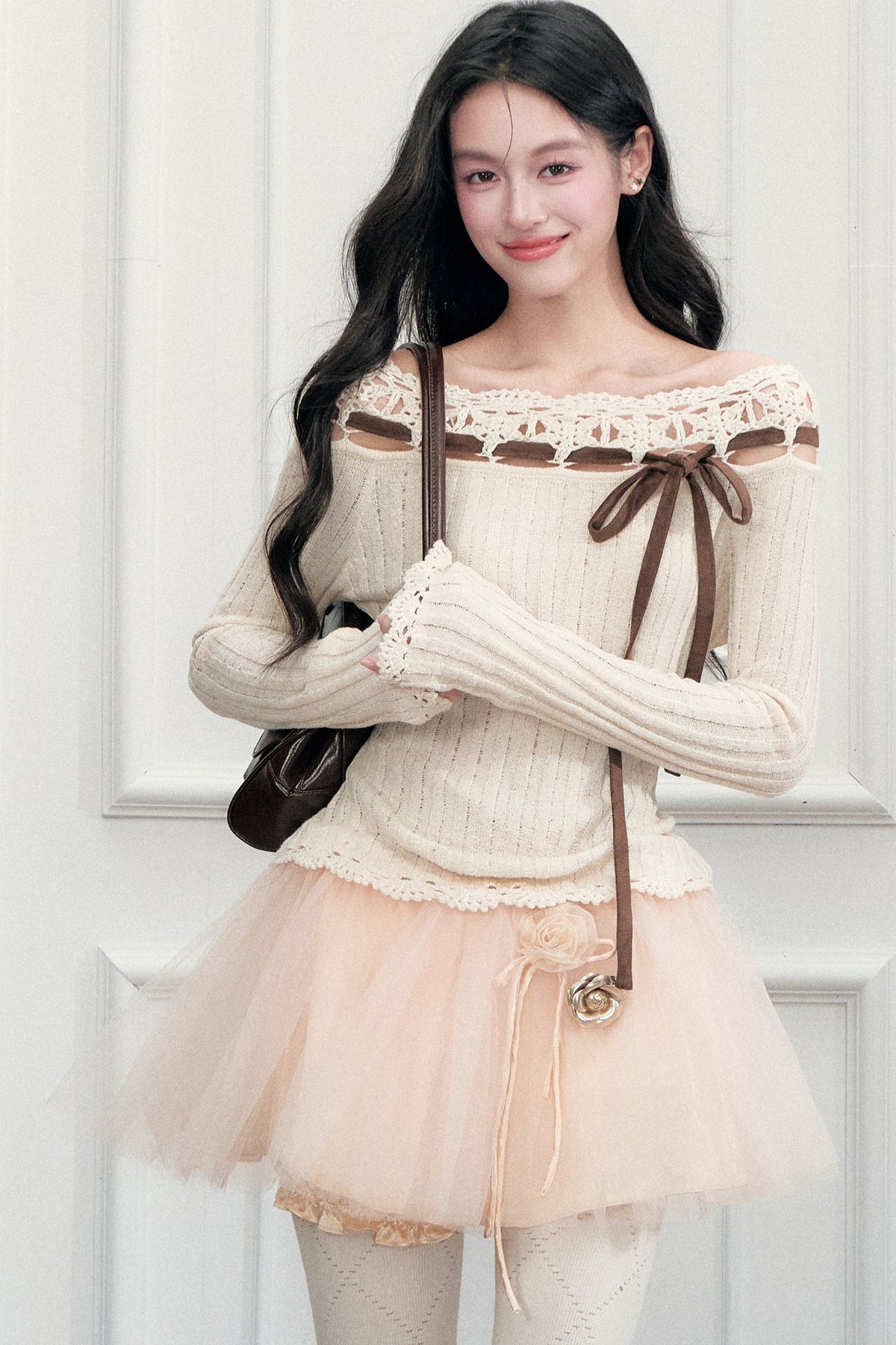 Ribbon Trim Crochet Off-Shoulder Knit Top Set-Up