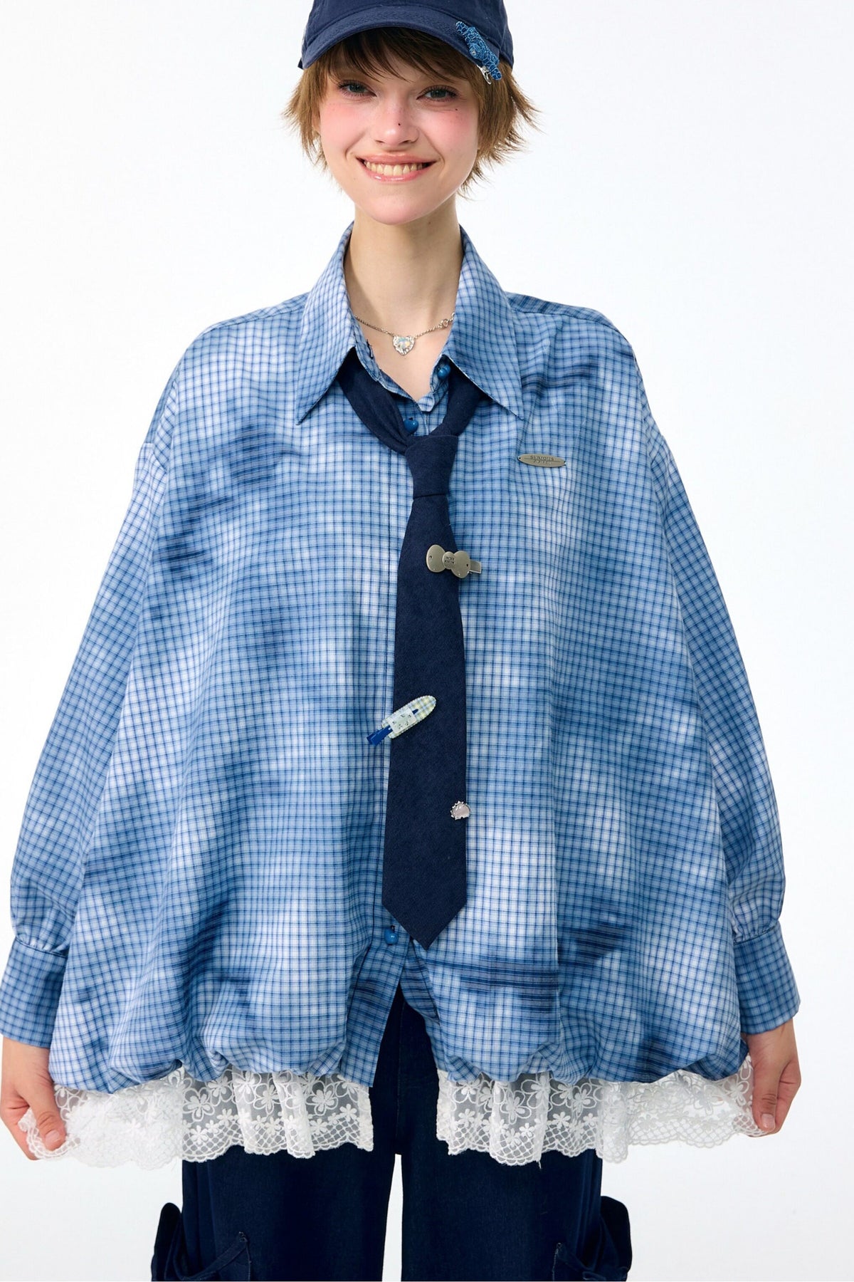 Blue Plaid Lace Blouse
