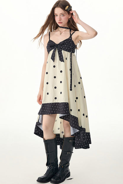 Black White Polka Dot Bow Suspender Dress