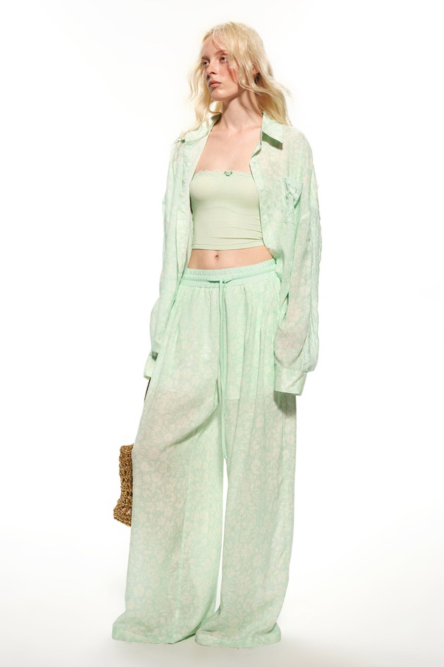 Mint Green Knitted Lace Tube Top, Pants and Skirt Set-Up