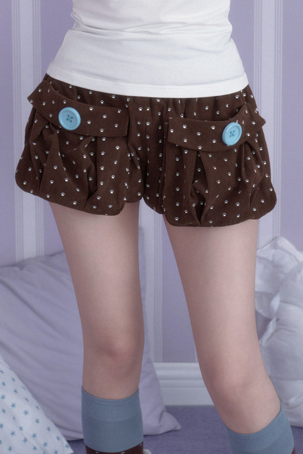 Corduroy Paw Print 3D Pocket Flower Shorts