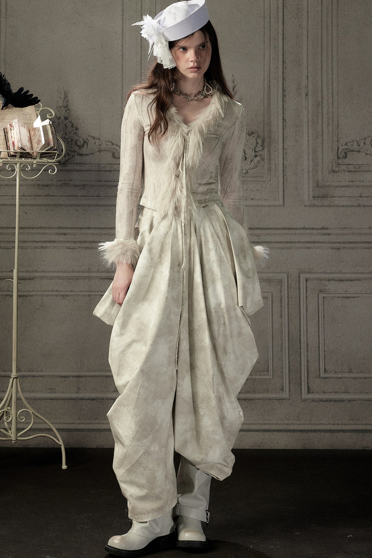 Beige Asymmetrical Stacked Long Pants