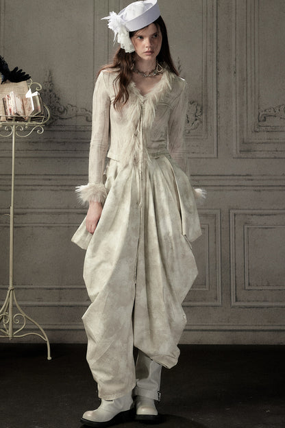 Beige Asymmetrical Stacked Long Pants
