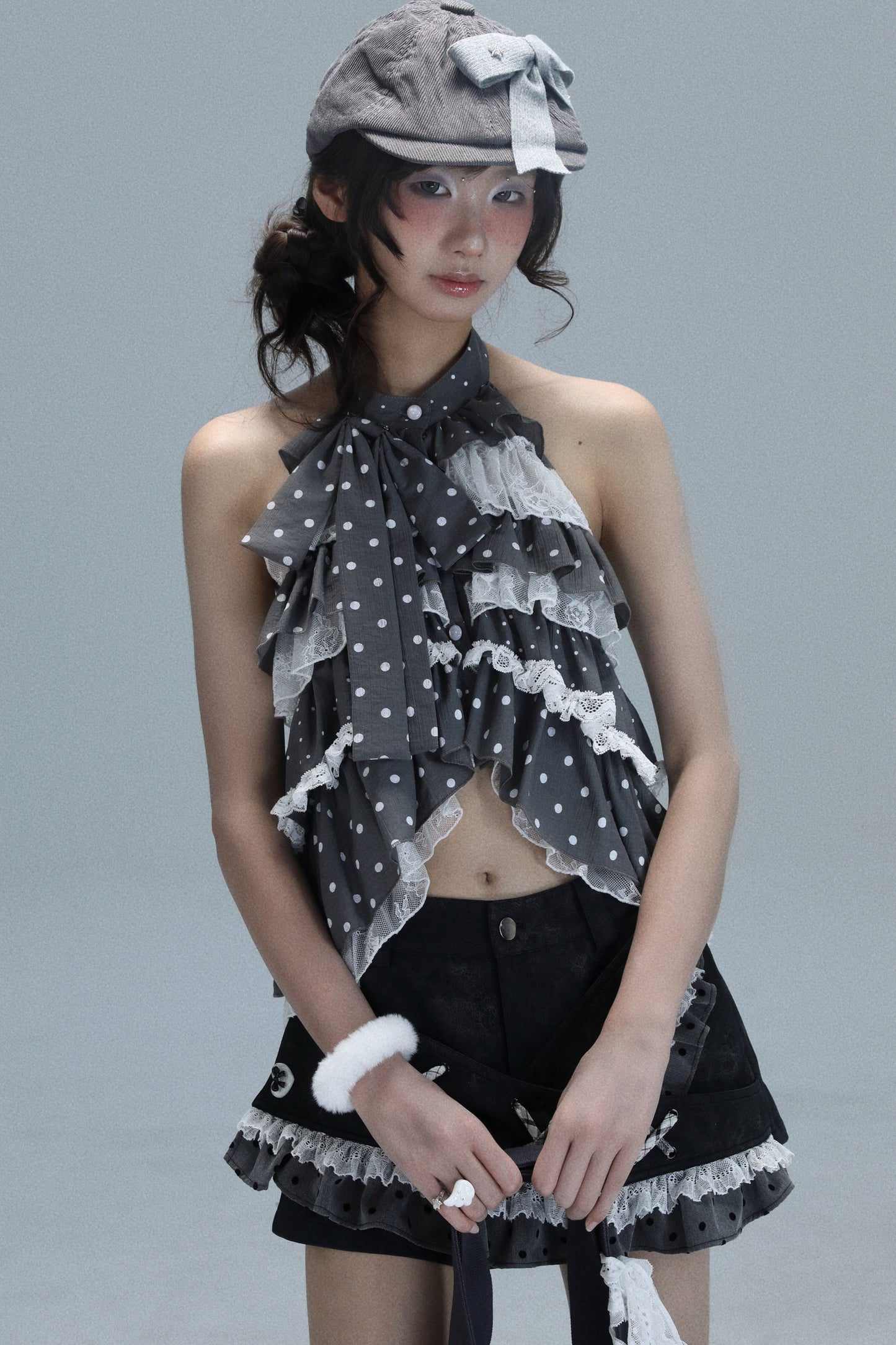 Vintage Gray Polka Dot Backless Shirt