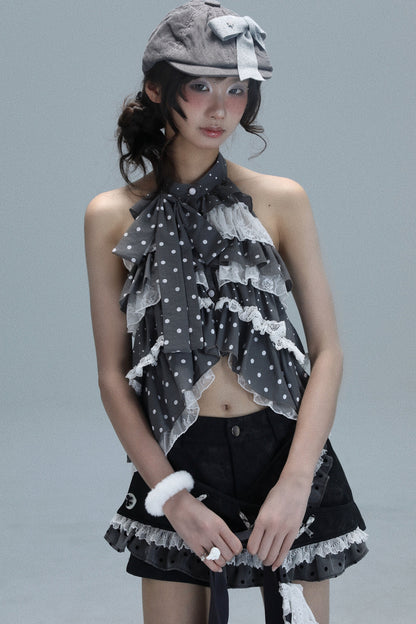 Vintage Gray Polka Dot Backless Shirt