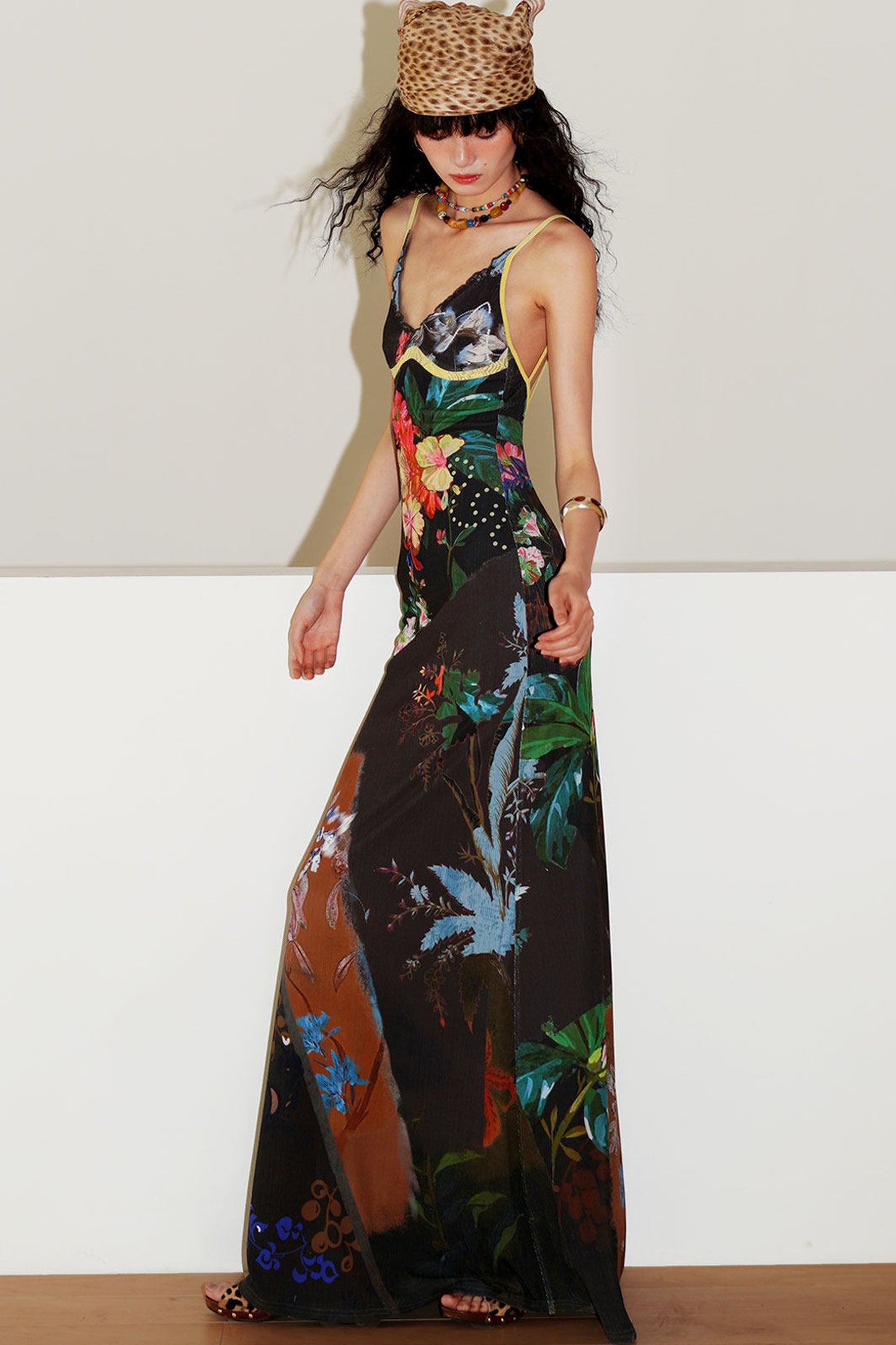 Chinese Print Lace Slip Dress