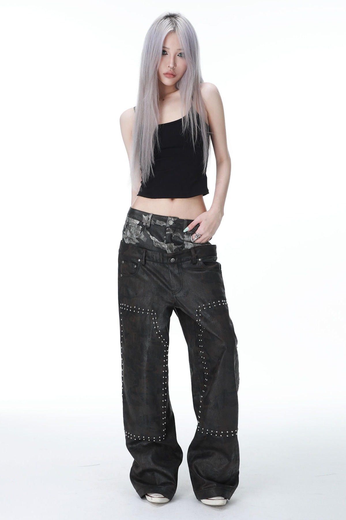 Camouflage Wax-Coated Distressed Denim Pants