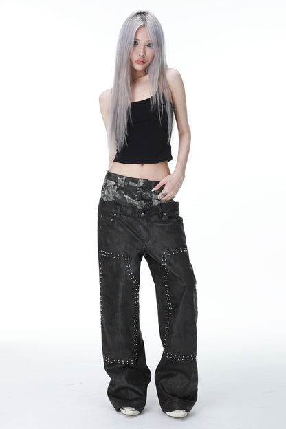 Camouflage Wax-Coated Distressed Denim Pants