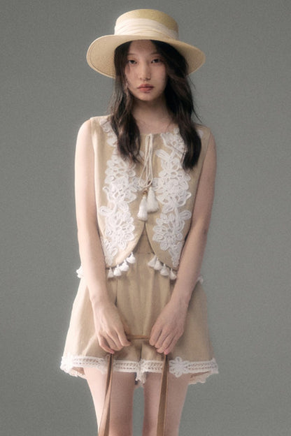 Three-Dimensional Rope Embroidery Floral Tencel Vest and Shorts Set-Up