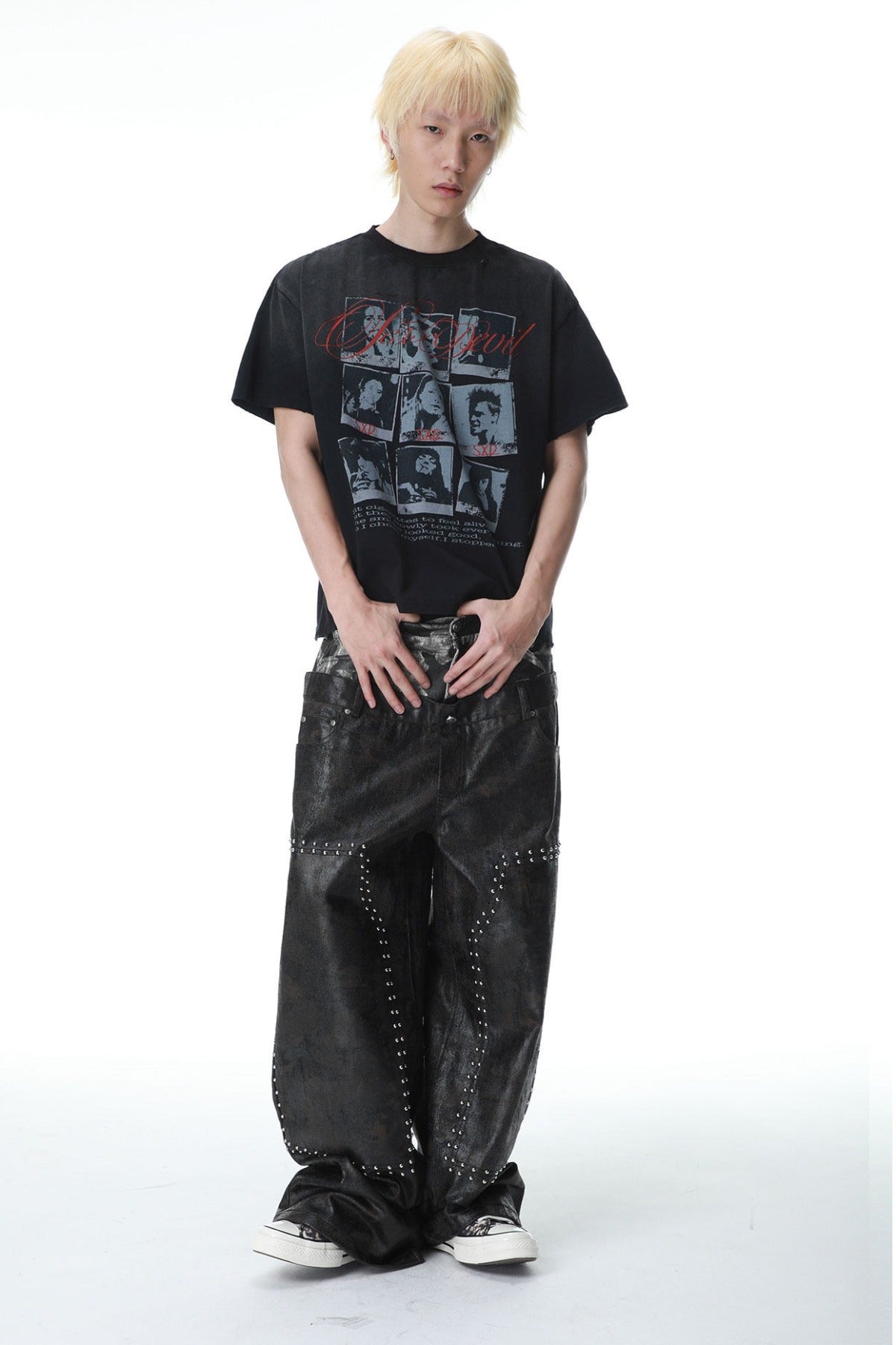 Camouflage Wax-Coated Distressed Denim Pants