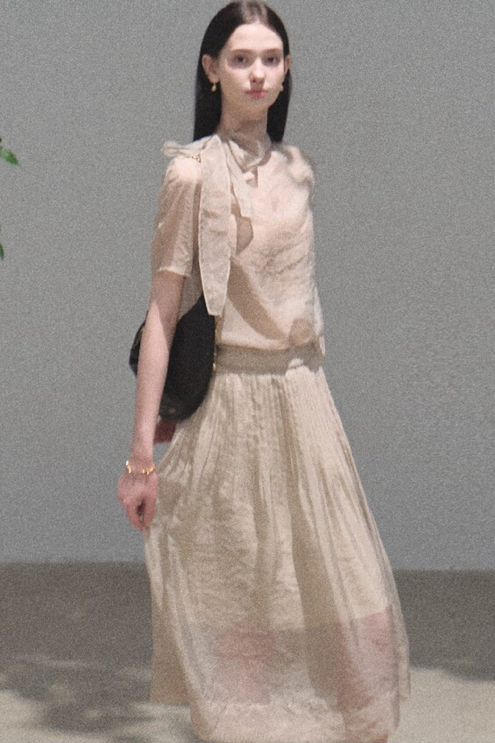 Short-Sleeved Chiffon Blouse and Pleated Mesh Skirt Set-Up