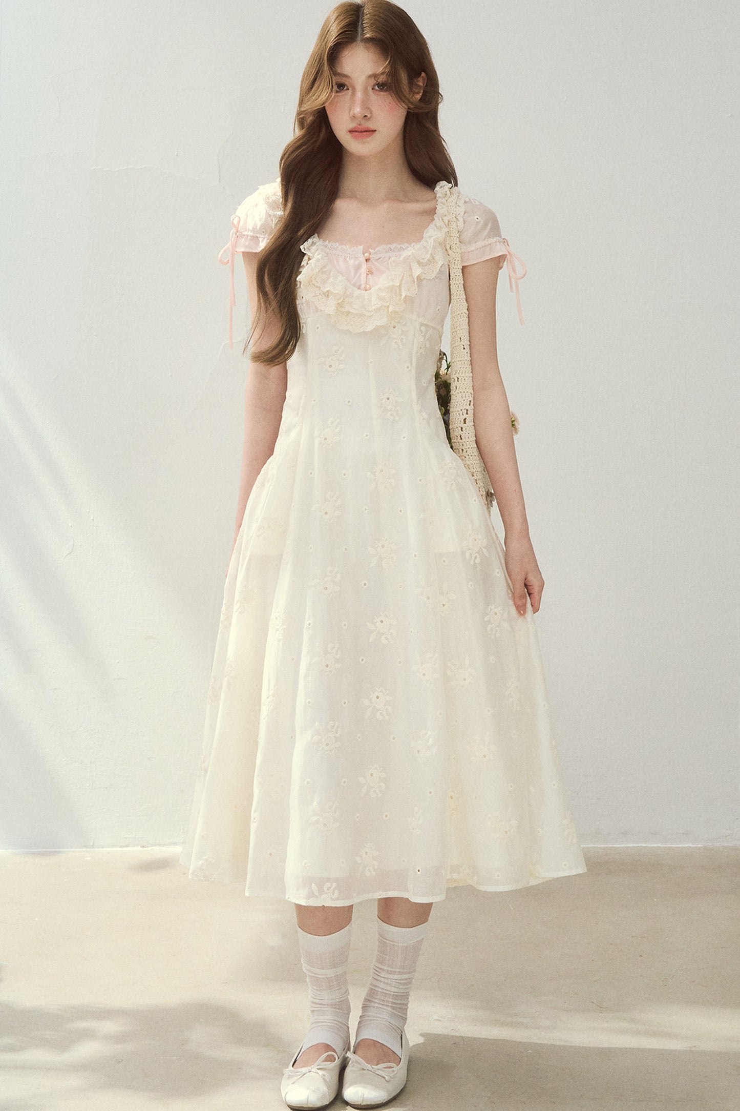 Rose Embroidered Square Neck Long Dress