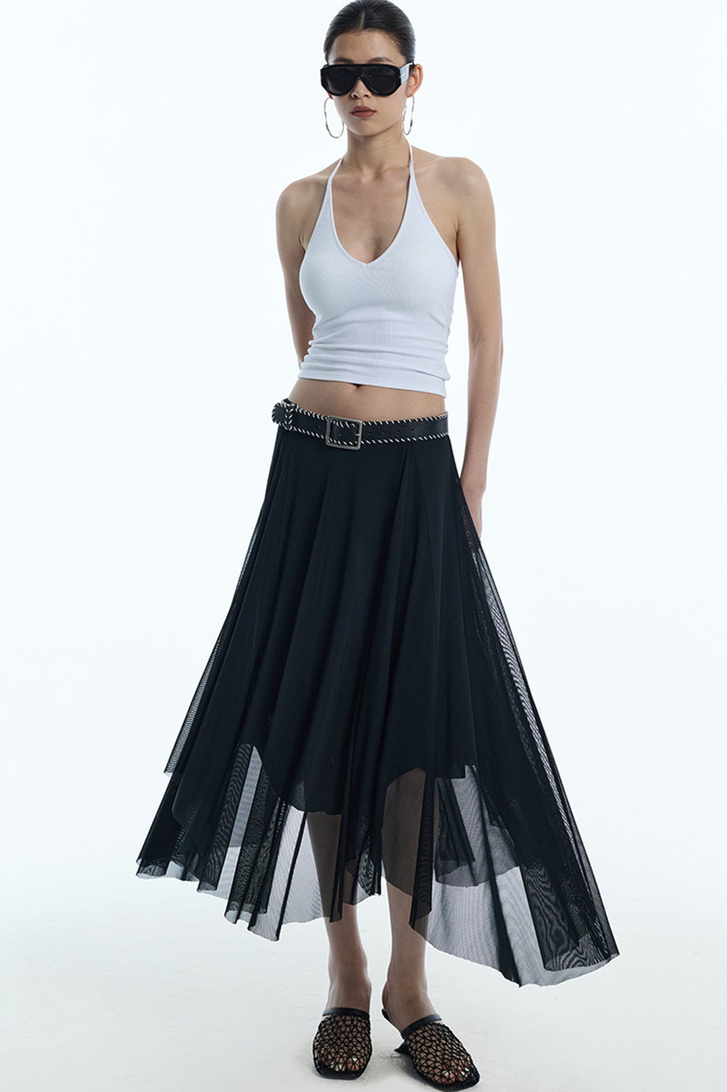 Asymmetrical Hem Mesh Skirt