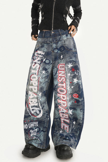 Graffiti Print Wide-Leg Jeans