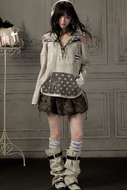 Bunny Ears Star Off-Shoulder Hoodie