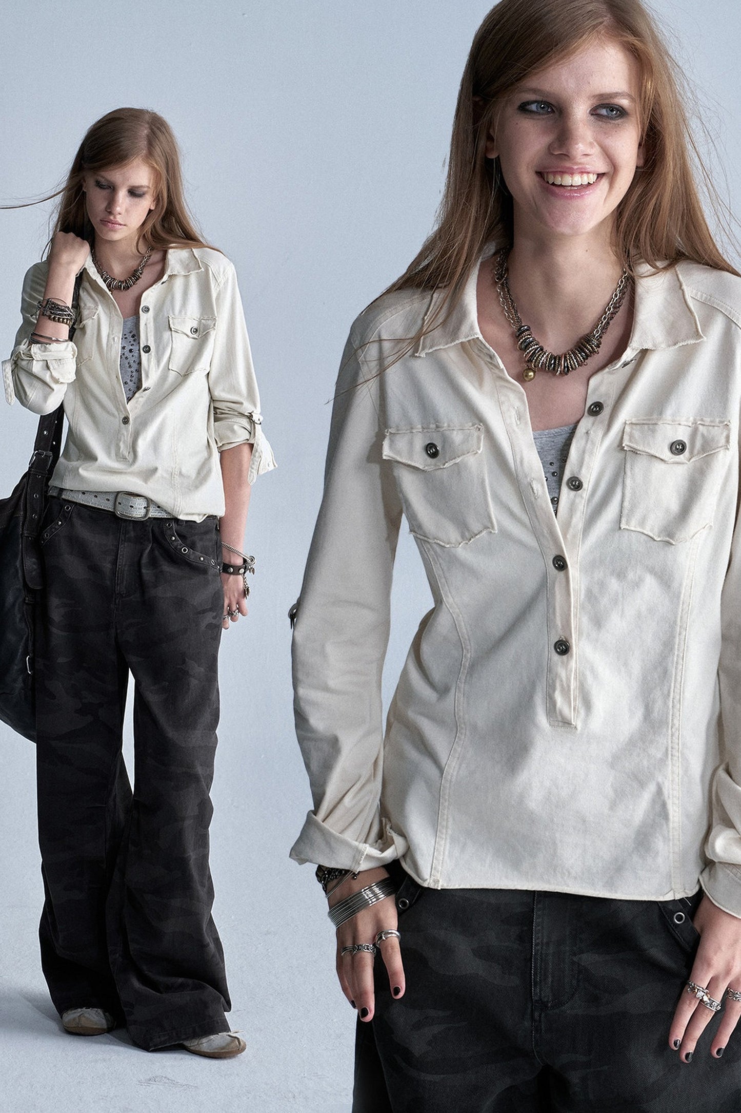 Zweifarbige Strickbluse mit offenen Kanten