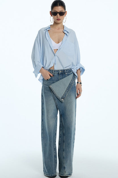 Asymmetrical Deconstructed Denim Wide-Leg Pants