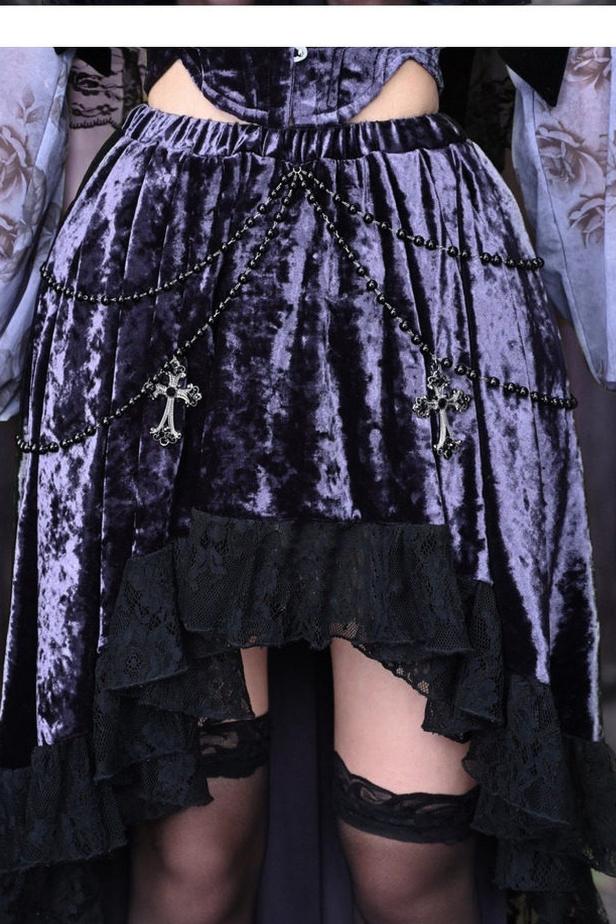 Gothic Velvet High-Low Lace Trim Skirt