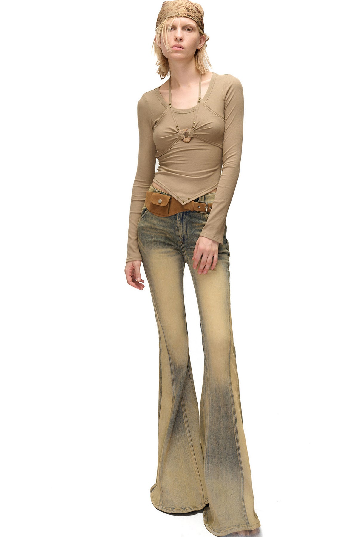 Detachable Waistband Vintage Washed Denim Flared Pants