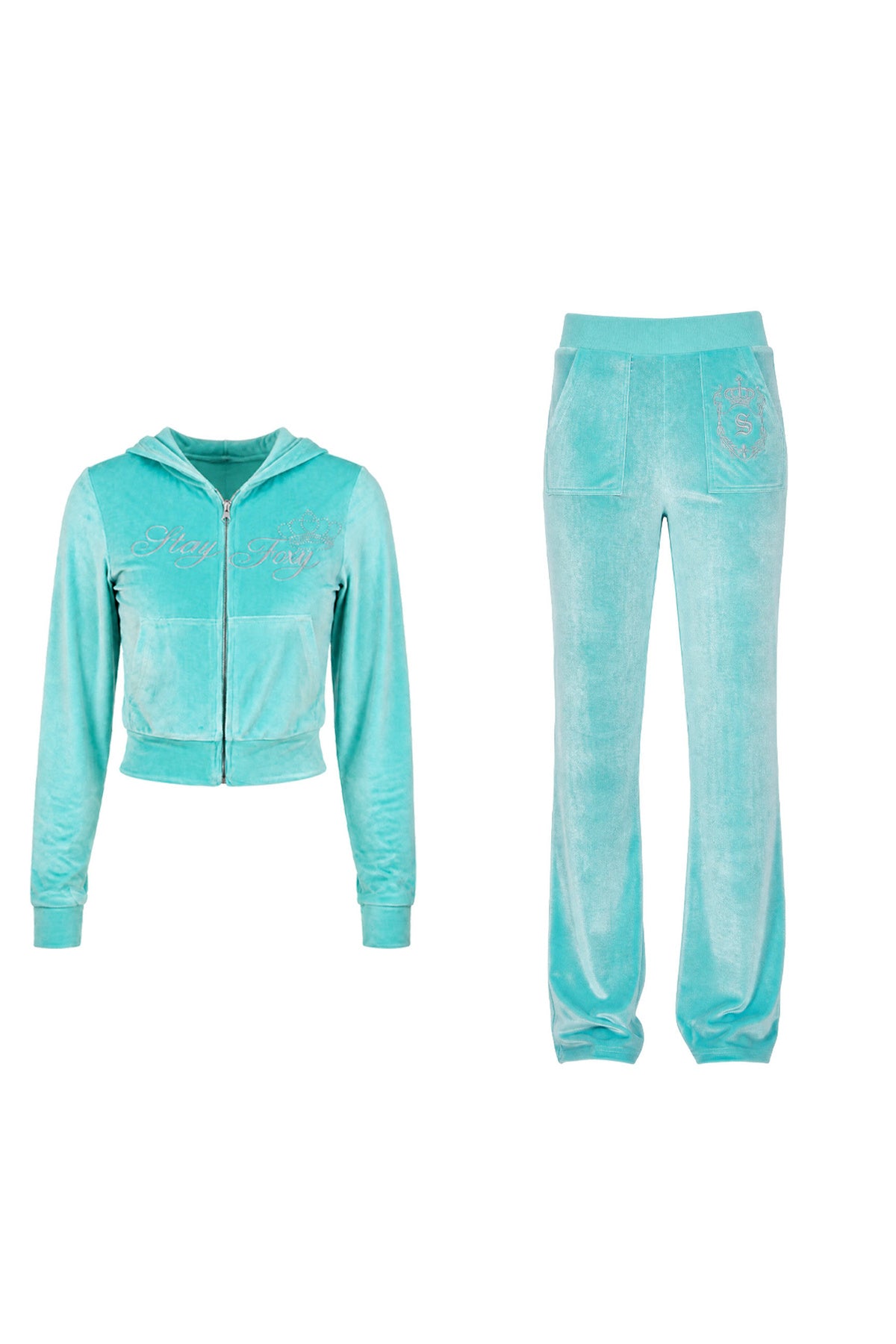Glossy Velvet Hooded Tracksuit Set-Up