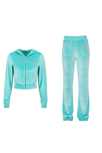 Glossy Velvet Hooded Tracksuit Set-Up