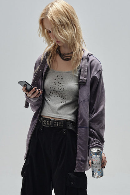 Sand-Washed Topstitched Ruched Hooded Strap Cardigan