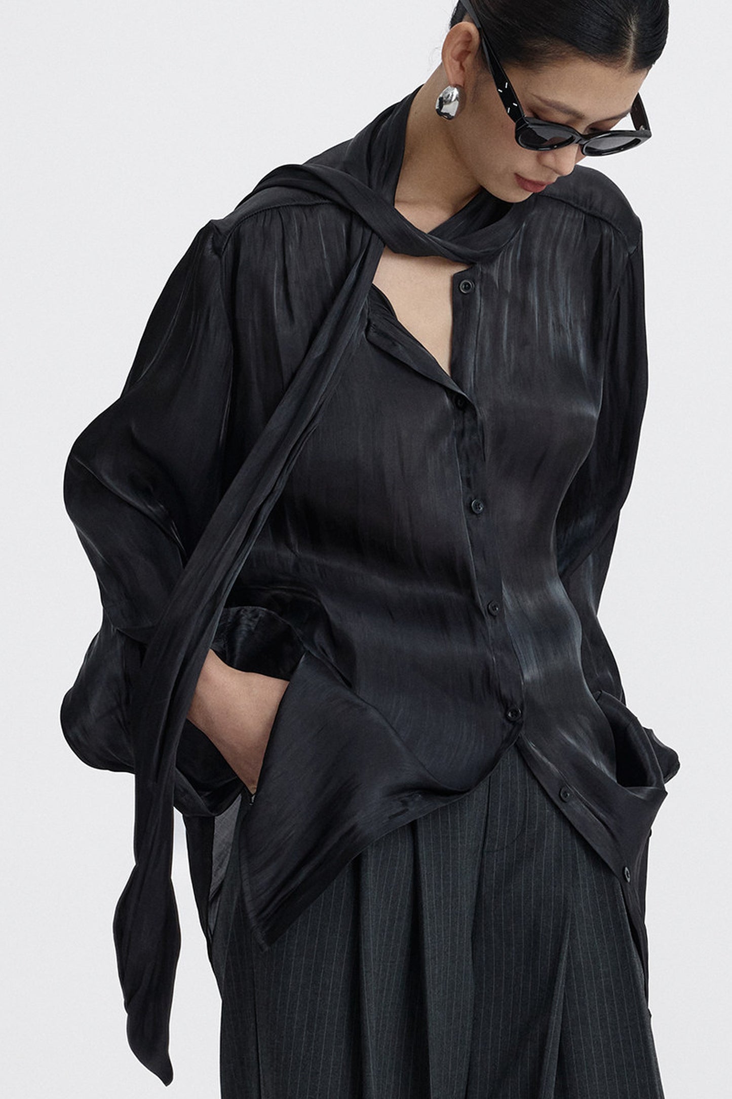 Pleated Tie Neck Shirt