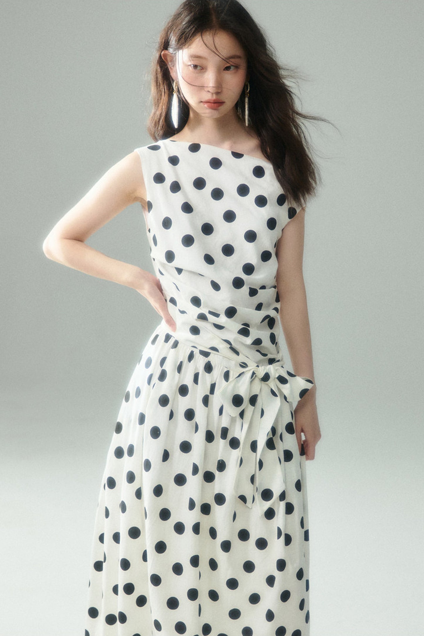 Off-Shoulder Polka Dot Twist Tie Dress