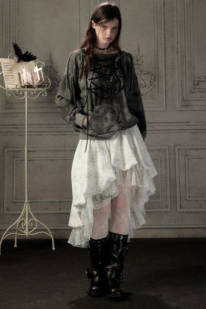 Distressed Drawstring Cross Print Hooded Pullover Sweatshirt