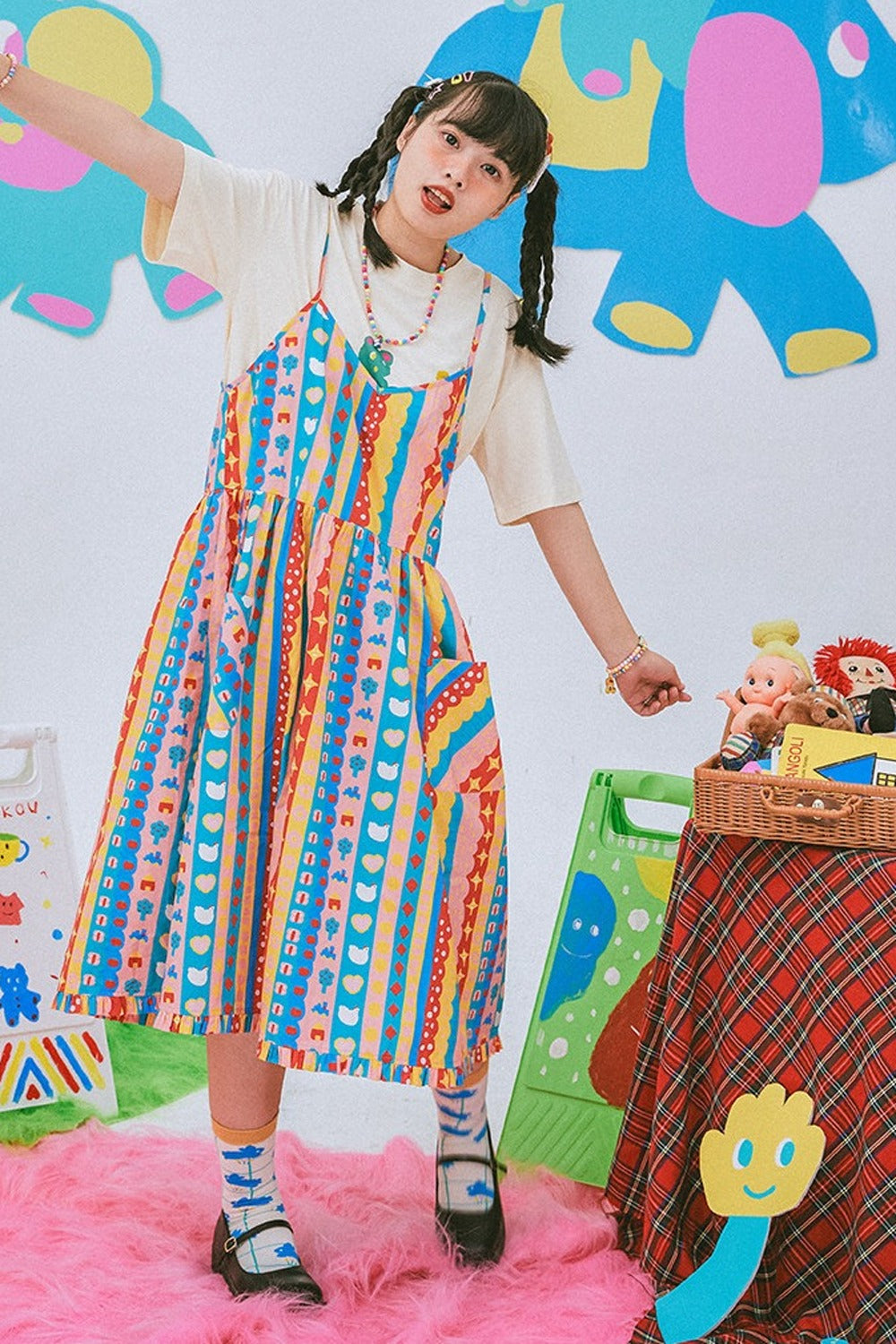 Kindergarten Paradise Print Suspender Dress